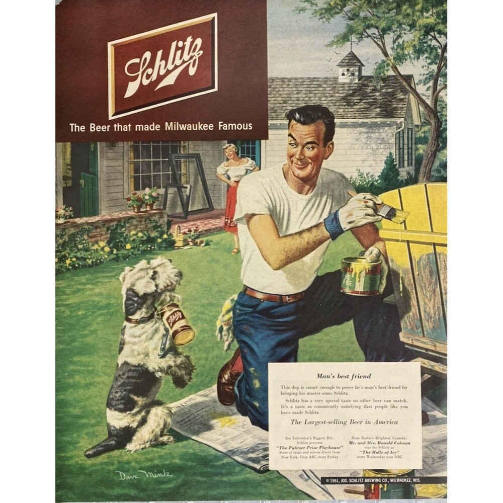 Schlitz "The Beer that made Milwaukee Famous" Schnauzer Dog Vintage Print Ad '51